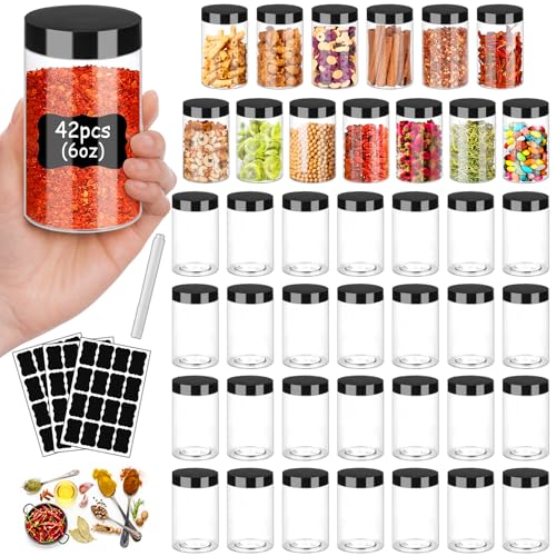 Plastic Jars with Lids 6OZ 42PCS Small Empty Slime Cosmetics Containers Clear Gift Food Jars Round PET Cream Jars with Black Lids Pen Labels for Kitchen Storage Spices Dry Food Body Butter (6OZ,42PCS)