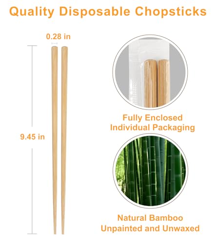 50 Pairs Chopsticks Disposable Reusable 9.5" Individually Wrapped Bulk Premium Quality (Style 1)