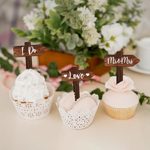 36 PCS Wedding Cupcake Toppers in Wood Rustic Wedding Cake Decoration (36 PCS)