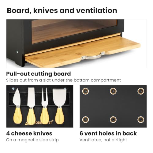 Large 2 Tier Black Bread Box for Countertop with Cutting Board (Black Bamboo)