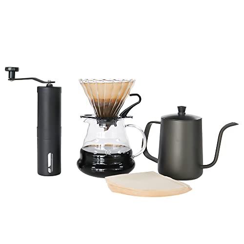 Coffee Set Coffee Dripper Server Glass Sharing Pot Pour Over Coffee Kettle Coffee Grinder Coffee Maker Set for Home Outdoor (black)