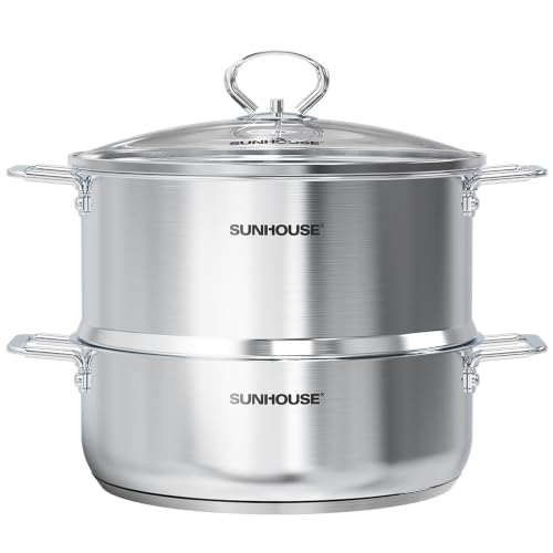 9.3 QT Stainless Steel Steamer Pot for Cooking with Glass Lid (9.3 Quarts)