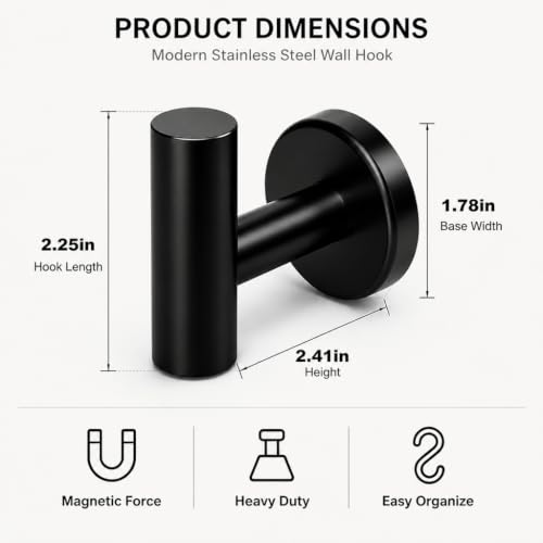 Magnetic Hooks Coat Magnet Hooks for Hanging (Black 2pcs 1.78in)