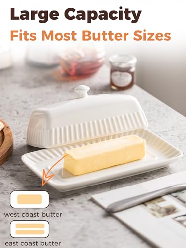 Ceramic Butter Dish with Lid (White / Stripe-8.25")