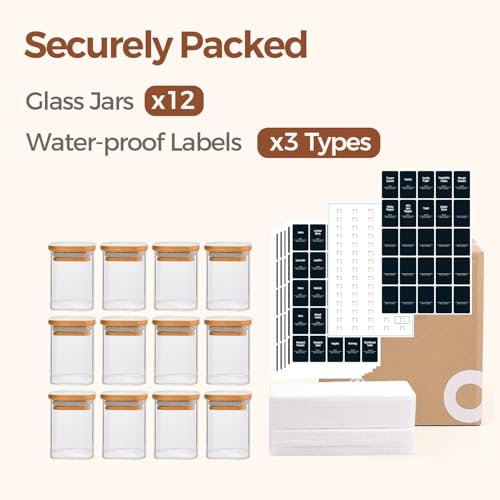 Square Glass Spice Jars with Labels 8 oz 12 Pack with Bamboo Lids (8 fl oz x 12 - Square)