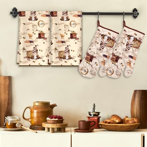 Vintage Coffee Kitchen Towels and Oven Mitts Set 4Pcs (Coffee)