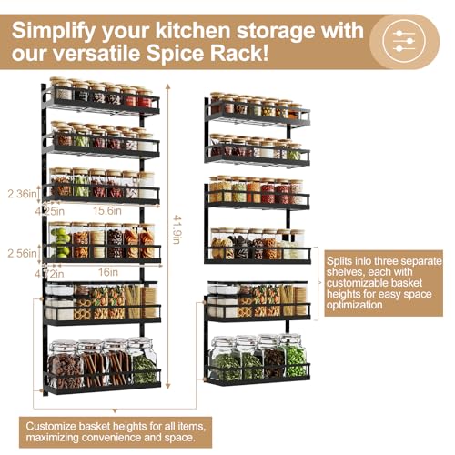 6-Tier Wall-Mounted Spice Rack Organizer with Mixed Basket Sizes, Height-Adjustable Hanging Spice Shelf for Kitchen Pantry Cabinet, Large-Capacity Seasoning Holder, Black (Black / 6x 4.6"D)