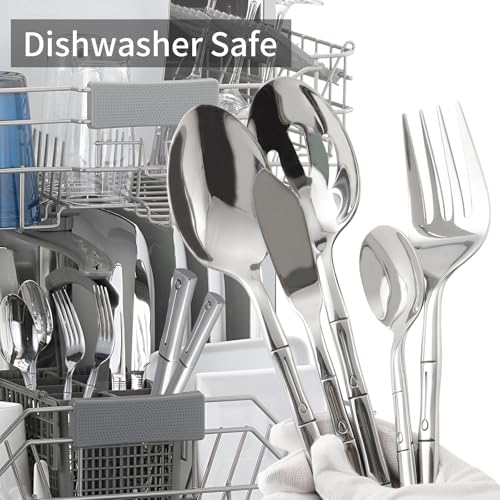 Flatware Serving Set Silverware Set Stainless Steel Cutlery Set Bamboo Pattern Mirror Finished 45 Pieces Party Event Use Wedding Housewarming Gift Service for 8 (Silver / 45 pcs)