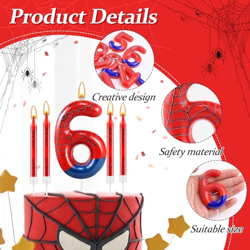 13 Pcs Spider Themed Birthday Candle Set Red Spider Theme Number 6 Candle Cake Topper for Boys Girls Birthday Decoration Spider Party Decoration Supplies (Red+Blue / 6)