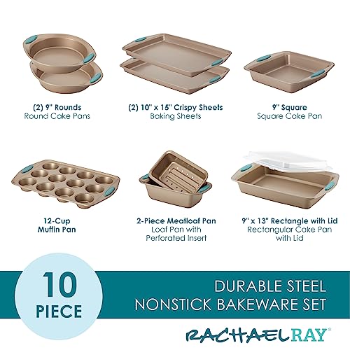 47578 Cucina Nonstick Bakeware Set with Grips Includes Nonstick Bread Pan (10 Piece / Latte Brown with Agave Blue Grips)