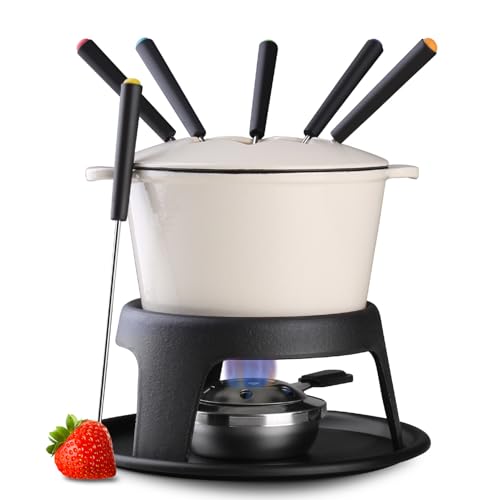 Cast Iron Fondue Pot Set for Chocolate Cheese (A. Cast Iron Fondue - White)