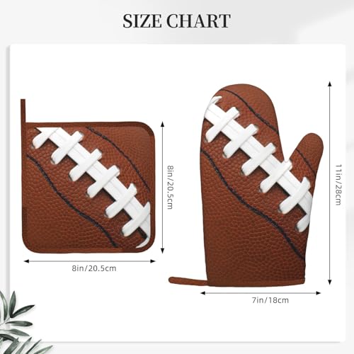 American Football Oven Mitts and Pot Holders Set of 4 Silicone Rugby Leather Lace Fun Traditional Sport Ball Kitchen Mitten Gloves and Potholders Set Heat Resistant Oven Gloves Hot Holders (Brown)