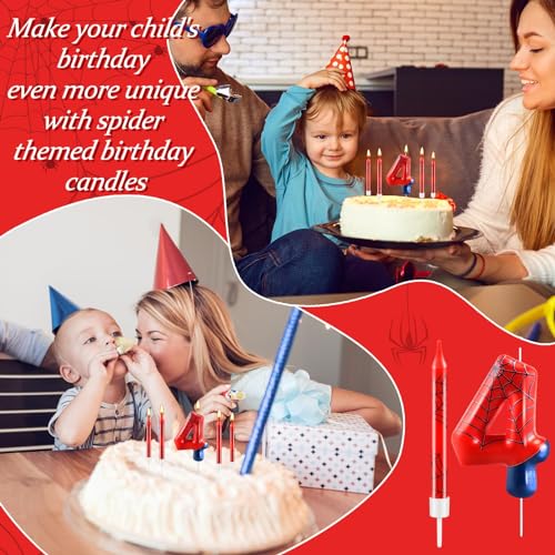 13 Pcs Spider Themed Birthday Candle Set Red Spider Theme Number 4 Candle Cake Topper for Boys Girls Birthday Decoration Spider Party Decoration Supplies (Red+Blue / 4)