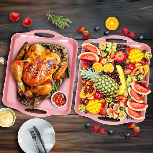 Large Non Slip Serving Tray with Handles (Pink)