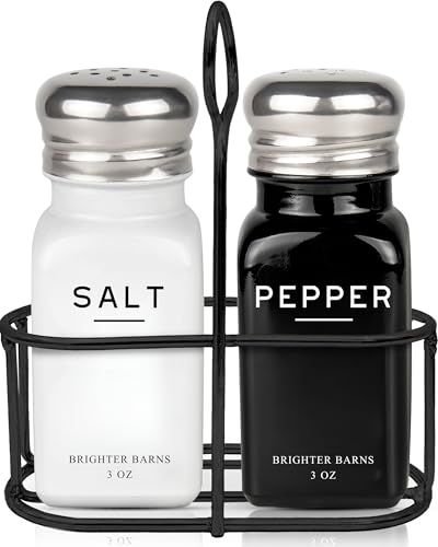 Farmhouse Salt and Pepper Shakers Set with Holder by Brighter Barns (Black/White)