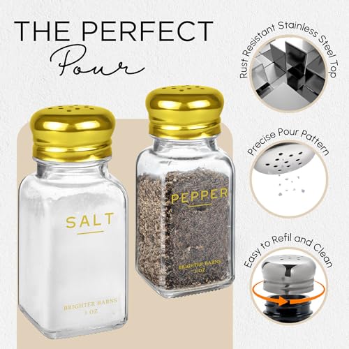 Gold Salt and Pepper Shakers Set with Holder by Brighter Barns (Clear/Gold)