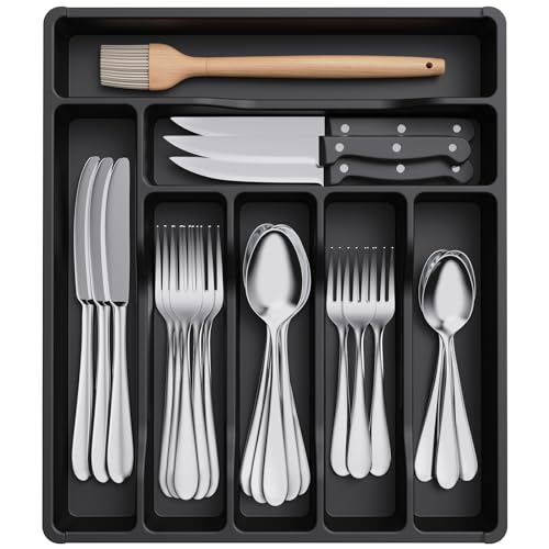 Silverware Drawer Organizer Tray (Black / 12.3 x 14.2 inch (7 Slots))
