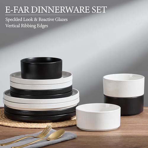 12 Piece Plates and Bowls Sets (Speckled White & Matte Black / 12pcs for 4)