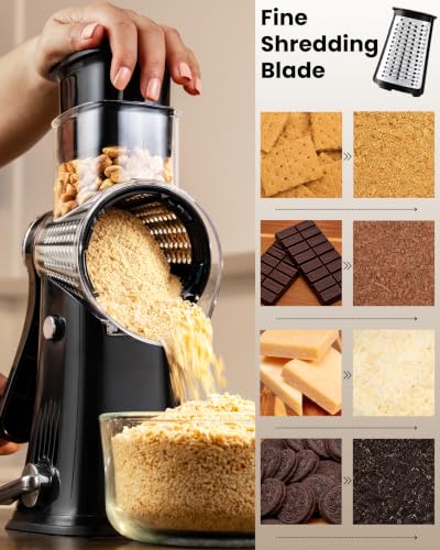 Rotary Cheese Grater Manual Hand Crank 5 Blade Shredder (5 Blades / Black)