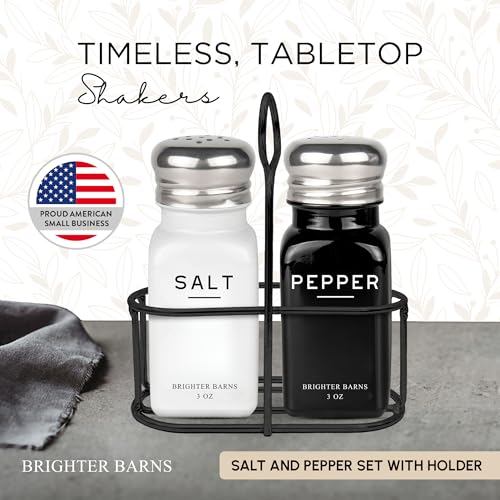Farmhouse Salt and Pepper Shakers Set with Holder by Brighter Barns (Black/White)