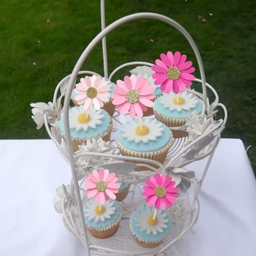 24Pcs Daisy Cupcake Toppers Flower Cake Topper Decorations Daisy Cake Decorations Chrysanthemum Cupcake Toppers Spring Daisy Flower Cake Picks for Birthday Wedding Supplies Rose Red Pink (Rose Red Pink)