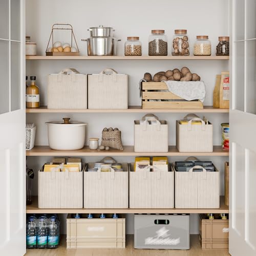 Fabric Storage Bins (Khaki & Beige Stripes / 14 ¾" L x 10 ¼" W x 8 ¼" H)