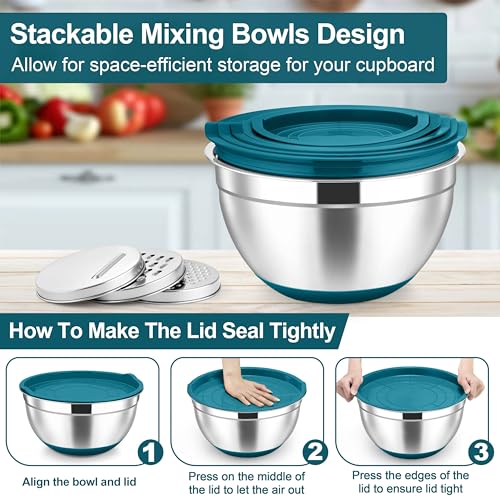 Mixing Bowls Stainless Steel Salad Bowl with Lid & Graters (Blue)