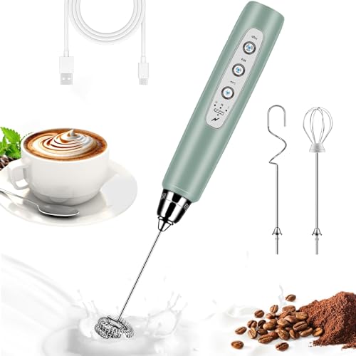 Milk Frother Wand Rechargeable Handheld Whisk Coffee 3 Speed Adjustable (Basic Frother / Morandi Green)