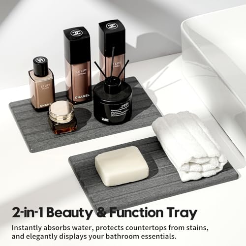 2PCS Water Absorbing Stone Drying Tray Mat for Bathroom Sink & Kitchen Counter Organizer (Dark Gray / 10"x 6")