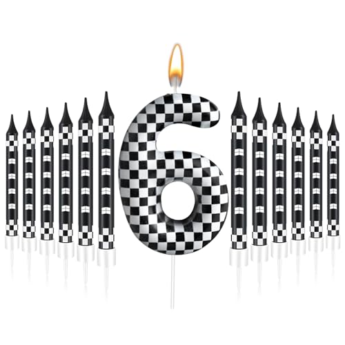 13 Pcs Racing Cars Themed Birthday Candles 12 Black and White Race Number 6 Checkered Candle Cake Topper for Racing Car Party Decoration Supplies (Black+White / 6)