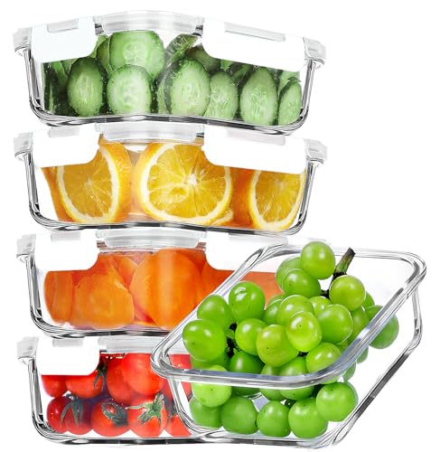 5 PACK 36 OZ Glass Meal Prep Containers Set with Lids (White)