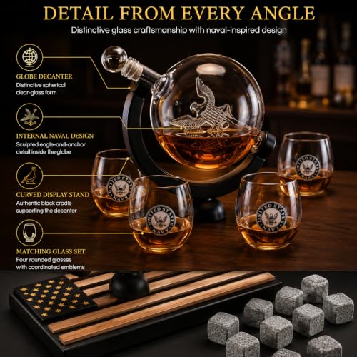 U.S. Navy Globe Whiskey Decanter Set with 4 Liquor Glasses (Navy)