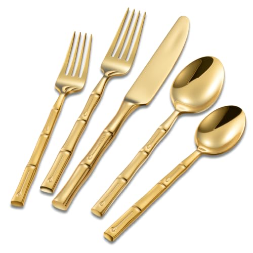 Flatware Set Gold Silverware Set with Bamboo Pattern Mirror Polished 20 Pieces Cutlery Set Housewarming Wedding Gift Service for 4 (Gold / 20 pcs)