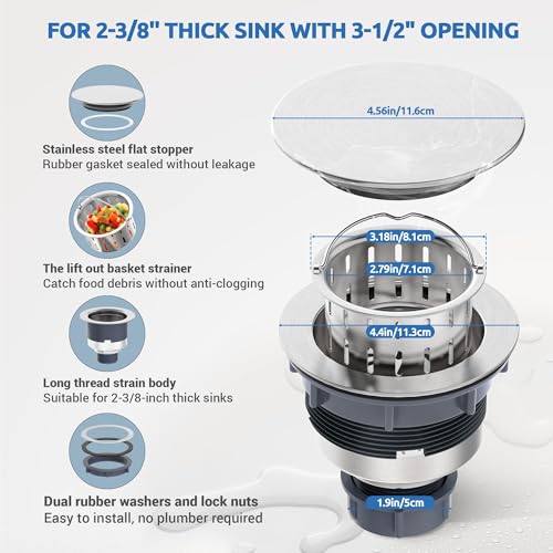 Kitchen Sink Drain Assembly with Removable Deep Basket Strainer (Brushed)