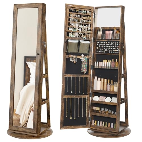 360° Swivel Jewelry Cabinet (Rustic Brown / Framed Mirror, Classic)