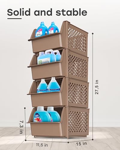 Stackable Storage Bins Open Front for Pantry Storage (4 Pack / Brown)