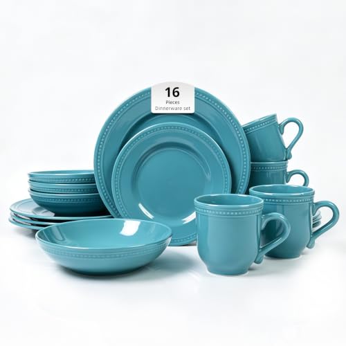 HomeVSS 16 PC Pearl Dots Stoneware Dinnerware Set (Turquoise)