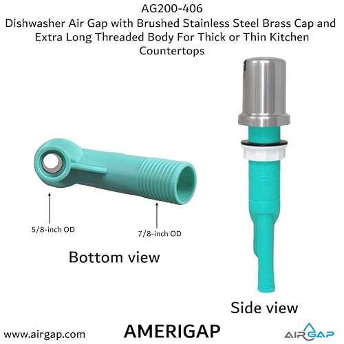 Dishwasher Air Gap with Skirted Brushed Stainless Steel Brass Cap and Extra Long Threaded Body for Thick or Thin Kitchen Countertops (AG200-406)