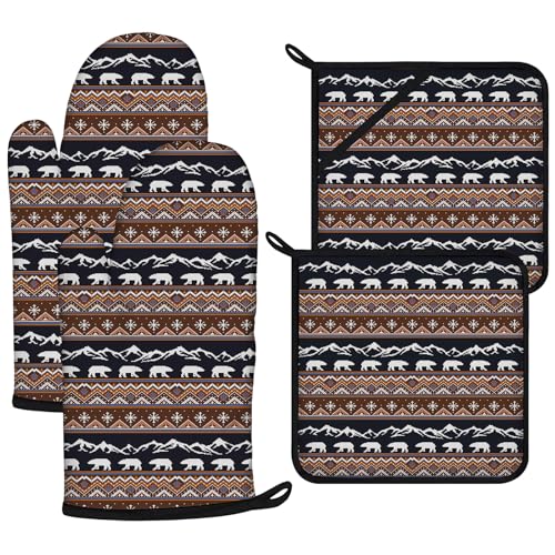 Bear Mountain Oven Mitts and Vintage Rustic Pot Holders Sets 4Pcs (Bear Mountain)