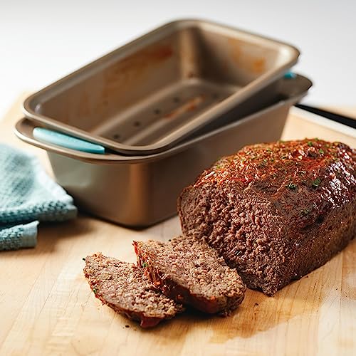 47578 Cucina Nonstick Bakeware Set with Grips Includes Nonstick Bread Pan (10 Piece / Latte Brown with Agave Blue Grips)