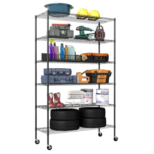 6 Tier Wire Shelf with Wheels (Black / 48×18×76)