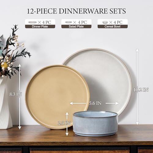 12 Piece Plates and Bowls Sets (Multicolor / 12pcs for 4)