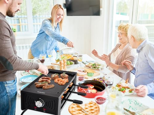 Raclette Party Grill (Cast Aluminum Grill plate with Cheese trays and Pizza pans,black)