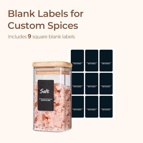 Square Glass Spice Jars with Labels 10 oz 6 Pack with Bamboo Lids (10 fl oz x 6 - Square)
