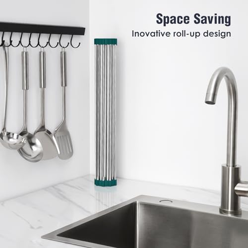 Roll Up Dish Drying Rack Over Sink (Dark Green / 17.7 x 15.5 in)