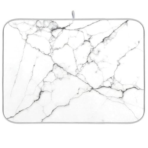 White Grey Marble Dish Drying Mat for Kitchen Counter Absorbent Microfiber Drying Pad (DM14 / 18" x 18")