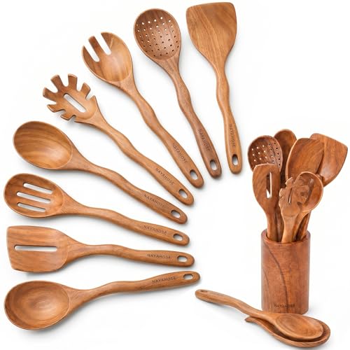 Kitchen 10PCS Teak Wooden Utensils Set With Holder and Spoon Rest (10 Pcs Spoons with Utensils Holder)