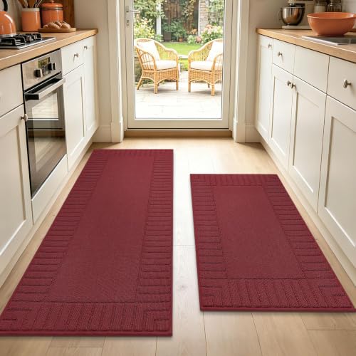 Kitchen Rugs Non Slip Washable 2PCS (Burgundy Red / 24"x35"+24"x60" (Rectangular))