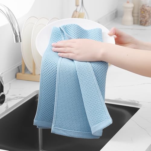 100% Cotton Waffle Weave Kitchen Dish Towels 4 (Sky Blue / 13 X 28 - 4 Pack)