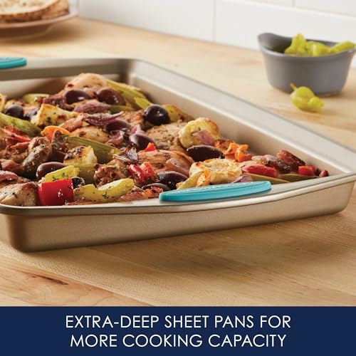 Cucina Bakeware Set Includes Nonstick Bread Baking Cookie Sheet and Cake Pans (5 Piece / Latte Brown with Agave Blue Grips)
